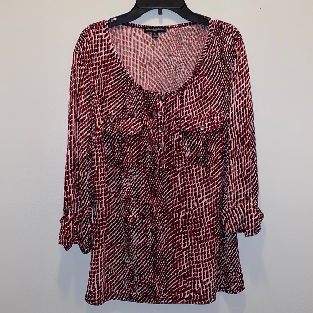 Notations Petite Red White and Black Abstract Print Long Sleeve Blouse